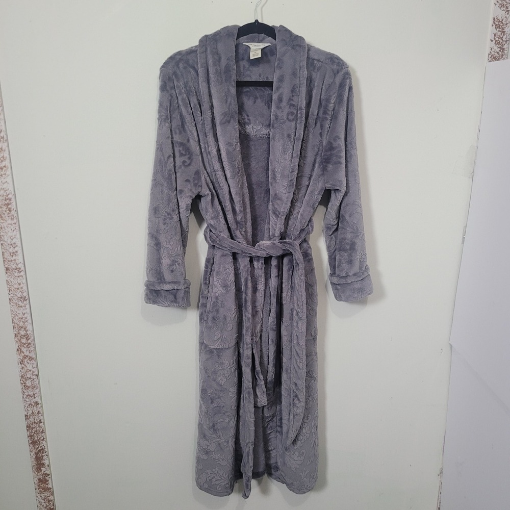 Liz Claiborne Size M Robe Womens Gray Damask Embossed Plush Sleepwear Robe